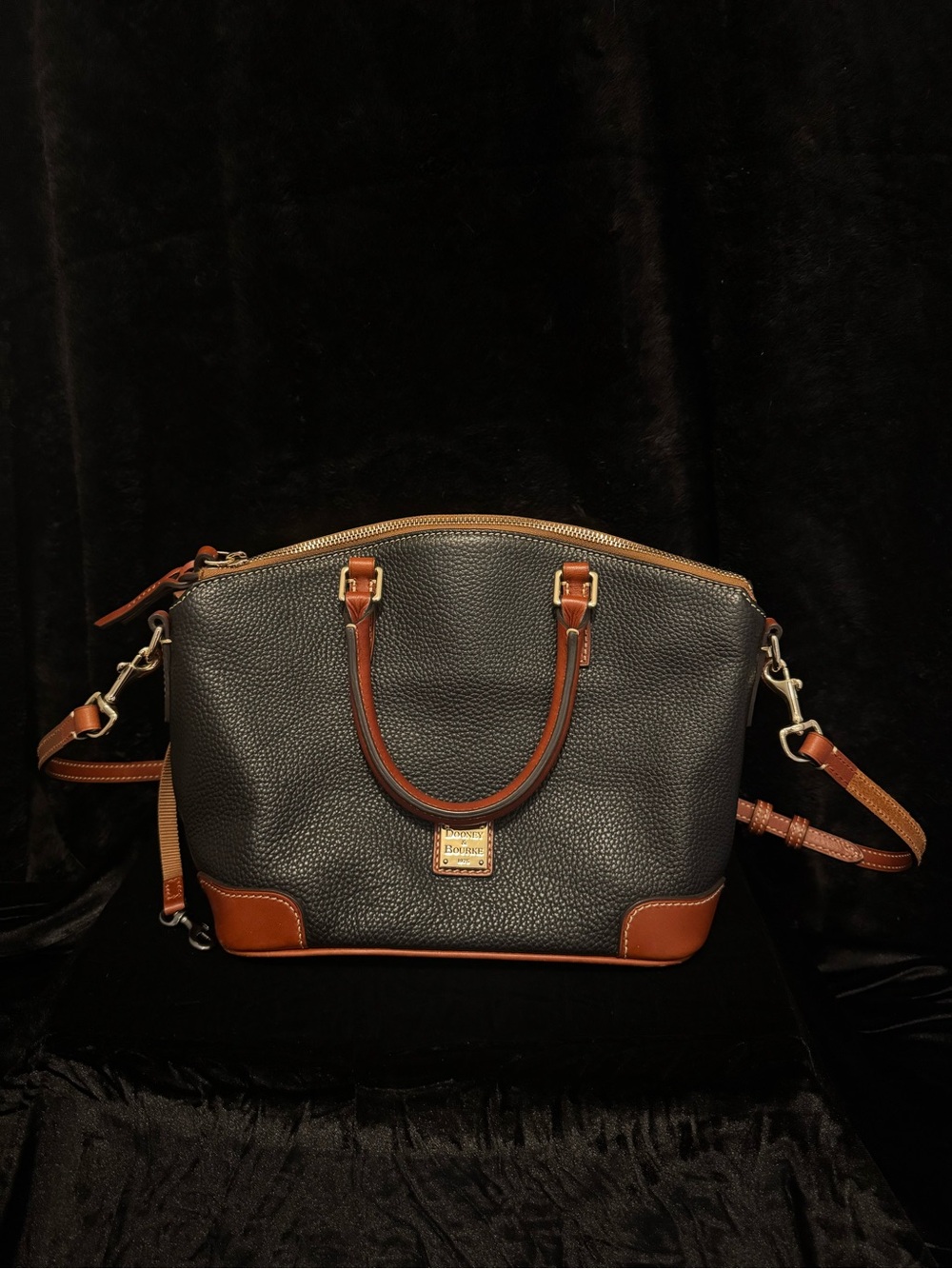 Dooney & Bourke Black Pebbled Leather Satchel with Brown Trim and Gold Hardware